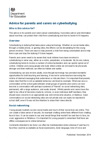 Advice for Parents & Carers on Cyberbullying