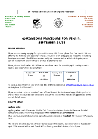 Useful Information on the Admissions Procedure for Admission in Year R