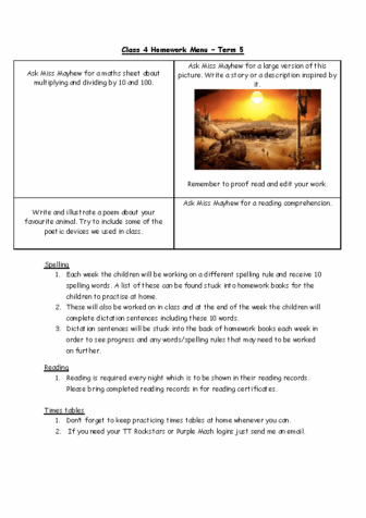 Class 4 Homework Menu – Term 5