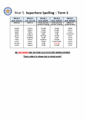Spellings Term 5 Year 5 Overview