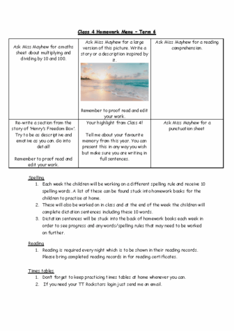 Term 6 Class 4 Homework Menu