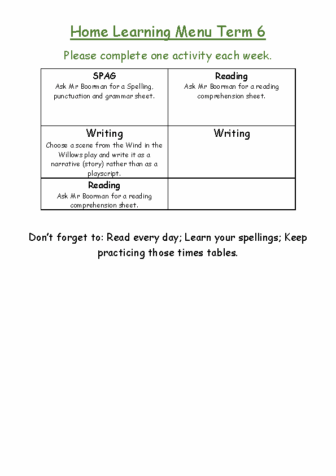Home Learning Menu Term 6
