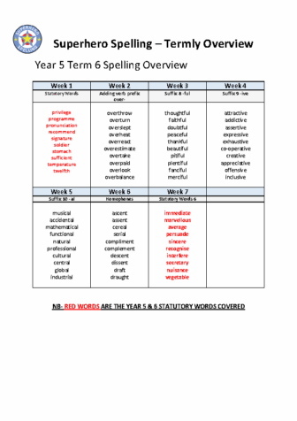 Term 6 Year 5 Spelling Overview