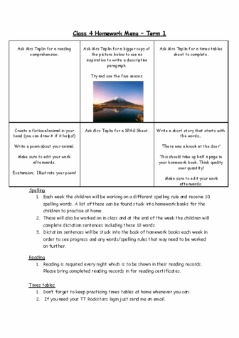 Class 4 Homework Menu Term 1