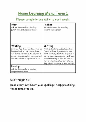 Class 5 Home Learning Menu Term 1
