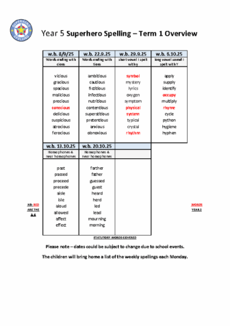 Year 5 Spelling Overview