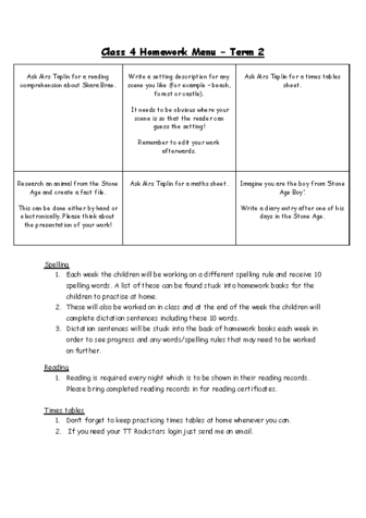 Class 4 Homework Menu Term 2