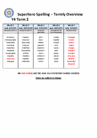 Year 4 Spelling Overview