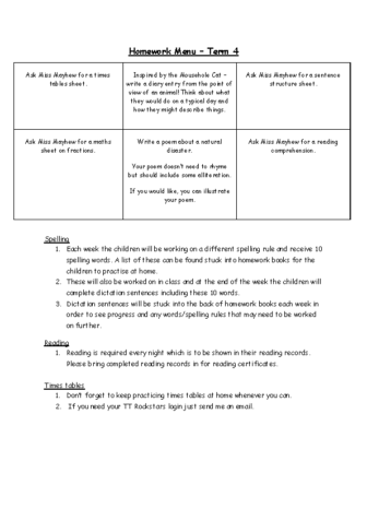 Homework Menu Term 4