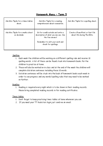 Homework Menu Term 5
