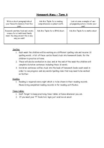 Homework Menu Term 6