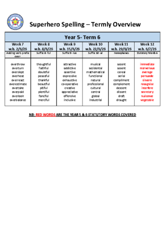 Year 5 Spelling Overview Term 6