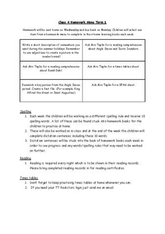 Homework Menu Term 1