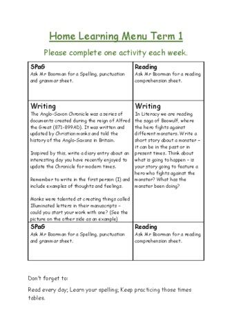 Home Learning Menu Term 1